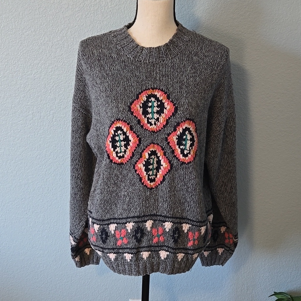 VINTAGE MICHELLE STUART Hand Knit Sweater Gray Pattern Sz Medium Grandmacore 90s